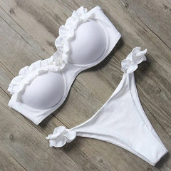 Damen Zweiteiliger Bikini mit Trägerlosem Oberteil Volants und Bindung am Rücken in Weiß