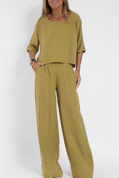 Damen Zweiteiliges Set mit Rundhals-Oberteil Halblangen Ärmeln und Weiter Hose mit Hohem Bund in Khaki