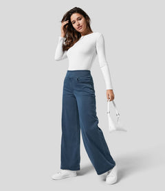 Damenhose mit hohem elastischem Bund und weitem Bein in Dunkelblau