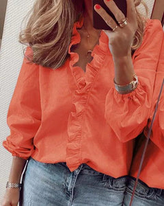 Rüschenshirt mit V-Ausschnitt für Damen in Orange