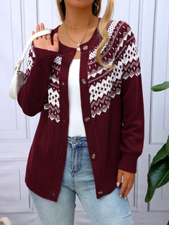 ELEGANTER GEOMETRISCHER MUSTER STRICKCARDIGAN | MODERNER STIL, KOMFORTABEL, VIELSEITIG in Burgunderrot