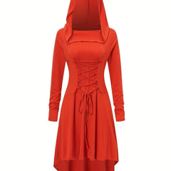 Damen Halloween-Kleid mit Kapuze | Schnürung & Asymmetrischer Saum in Mandarinenrot