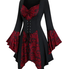 Damen Gothic Halloween-Kleid mit Spitze | Midi-Länge und Trompetenärmeln in Rot