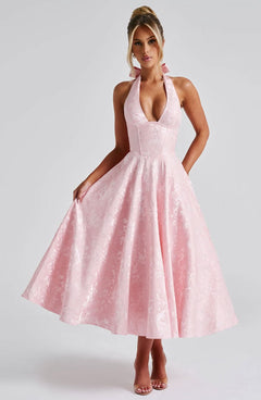 Rebecca - Jacquard Halter Neck Fit and Flare Midi Kleid in Rosa