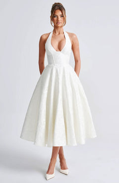 Rebecca - Jacquard Halter Neck Fit and Flare Midi Kleid in Elfenbein