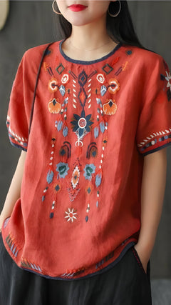 Ginevra | Bestickte, lose ethnische Bluse in Rot