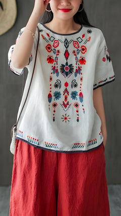 Ginevra | Bestickte, lose ethnische Bluse in Weiß