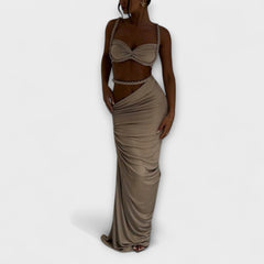 Jane - Elegantes Gradient Zopf Crop Top mit Overskirt Set in Aprikose