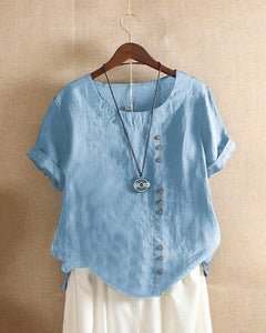 Zayla - Unifarbenes Kurzarm-Bluse mit Rundhalsausschnitt in Himmelblau