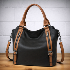 Franka | Damen Schultertasche mit Verstellbarem Riemen in Schwarz Mit Braun