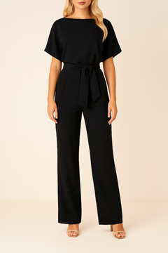 Frieda | Damen Kurzarm Jumpsuit Weites Bein in Schwarz