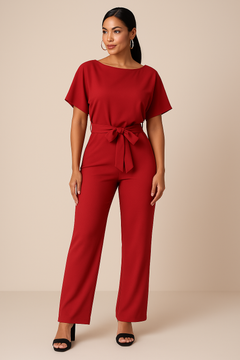 Frieda | Damen Kurzarm Jumpsuit Weites Bein in Rot