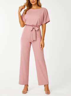Frieda | Damen Kurzarm Jumpsuit Weites Bein in Hellrosa