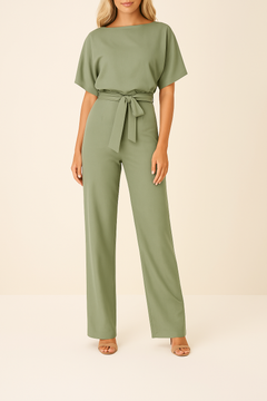 Frieda | Damen Kurzarm Jumpsuit Weites Bein in Olivgrün