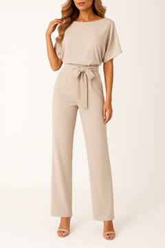Frieda | Damen Kurzarm Jumpsuit Weites Bein in Beige