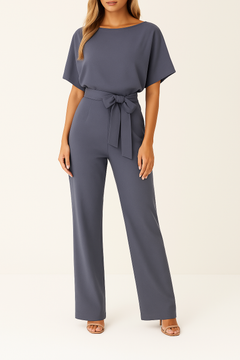 Frieda | Damen Kurzarm Jumpsuit Weites Bein in Grau