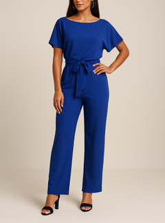 Frieda | Damen Kurzarm Jumpsuit Weites Bein in Blau