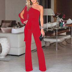 Friederike | Damen One Shoulder Gürtel Jumpsuit in Rot