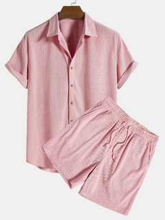 Herren geripptes Kurzarmhemd- und Shorts-Set | Moderner in Hellrosa