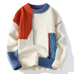Herren stylischer Patchwork-Pullover | Warmer in Weiß/Orange