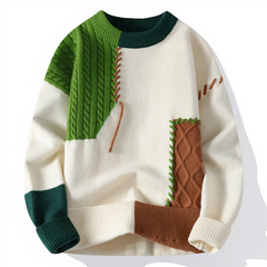 Herren stylischer Patchwork-Pullover | Warmer in Weiß/Grün