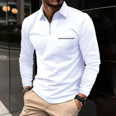 Herren Poloshirt mit Reißverschluss | Langarm in Weiß
