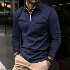 Herren Poloshirt mit Reißverschluss | Langarm in Marineblau
