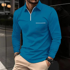 Herren Poloshirt mit Reißverschluss | Langarm in Saphirblau