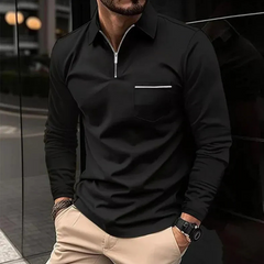 Herren Poloshirt mit Reißverschluss | Langarm in Schwarz