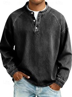 Dominik | Herren Retro Henley Knit Sweater Langarm Used-Look Pullover in Schwarz