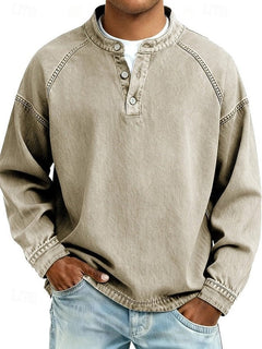 Dominik | Herren Retro Henley Knit Sweater Langarm Used-Look Pullover in Khaki