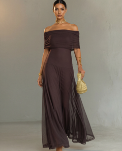 Zailyre - Schulterfreies Soft-Touch-Kleid in Braun