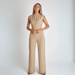Hannah | Weites Bein Ärmellos Jumpsuit in Beige