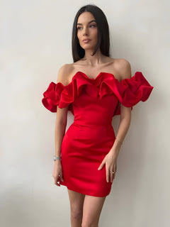 Mia | Satin Ruffle Off Shoulder Kleid in Rot