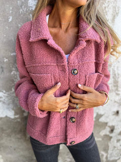 Laura | Damen Casual Knöpfen Herbst Teddyjacke in Rosa