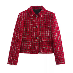 Kurze Damenjacke mit Karomuster und Knopfverschluss in Rot
