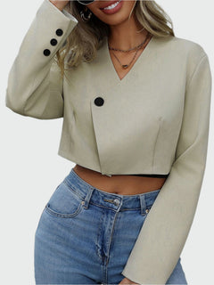 Kurze Damenjacke mit V-Ausschnitt und Ärmeldekoration in Hellgrün