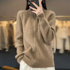 Lässige Strickjacke mit Reißverschluss für Frauen-Yasmina in Camel