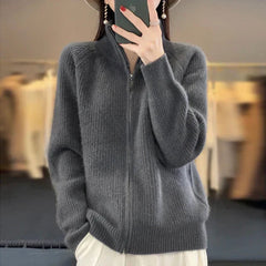 Lässige Strickjacke mit Reißverschluss für Frauen-Yasmina in Grau