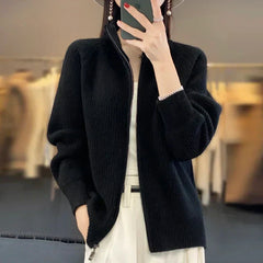 Lässige Strickjacke mit Reißverschluss für Frauen-Yasmina in Schwarz