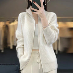 Lässige Strickjacke mit Reißverschluss für Frauen-Yasmina in Weiß