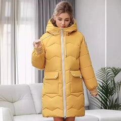 Lange warme Winterjacke mit Kapuze - Heike in Gelb