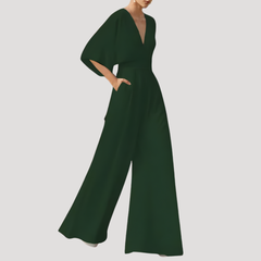 Mirka | Damen Jumpsuit Weites Bein V-Ausschnitt in Dunkelgrün