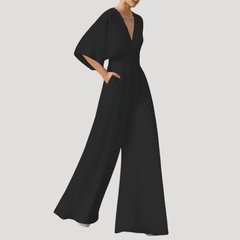 Mirka | Damen Jumpsuit Weites Bein V-Ausschnitt in Schwarz