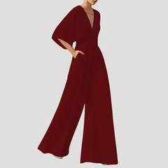 Mirka | Damen Jumpsuit Weites Bein V-Ausschnitt in Dunkelrot