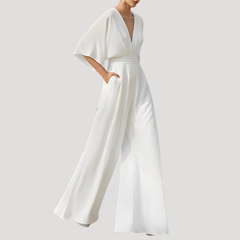 Mirka | Damen Jumpsuit Weites Bein V-Ausschnitt in Weiß