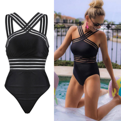 Hagar® | Stilvoller, gestreifter Mesh-Simsuit in Schwarz