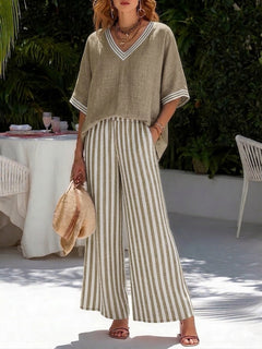 Elvi | Gestreiftes Zweiteiler-Set aus Leinen in Beige