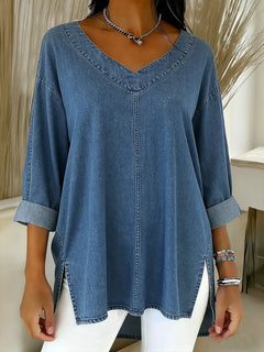 Mirela | Lockeres V-Ausschnitt Top mit Design in Blau