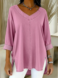Mirela | Lockeres V-Ausschnitt Top mit Design in Rosa